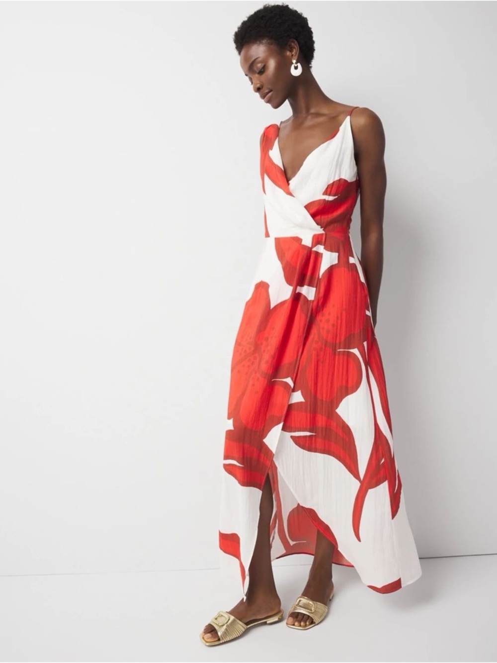 White House Black Market Red and White Floral Wrap Maxi Dress NWT